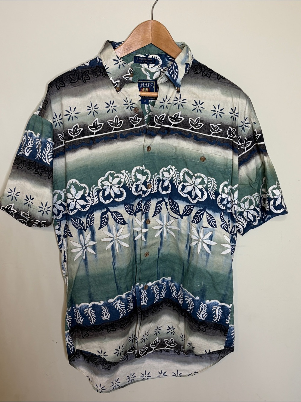 Vintage Chaps Ralph Lauren Green Floral Short Sleeve Hawaiian Shirt M